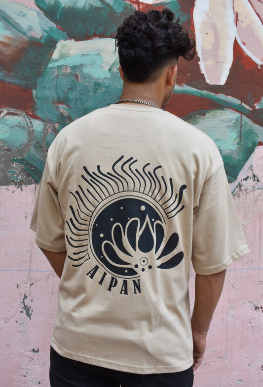 Beige Color 220 GSM Cotton Oversized T-shirt inspired from the Aipan Art of Uttrakhand