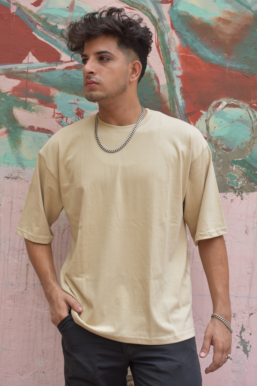 Beige Color Unisex 220 GSM Cotton Oversized T-shirt inspired from the Warli Art of Maharashtra