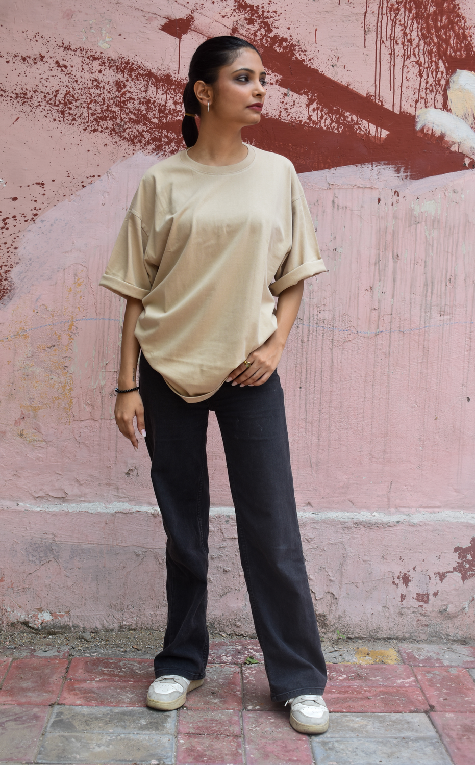 Beige Color Unisex 220 GSM Cotton Oversized T-shirt inspired from the Warli Art of Maharashtra