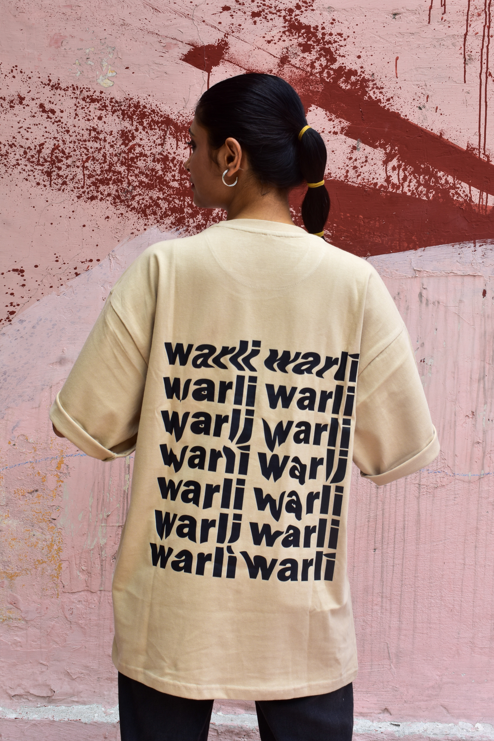 Beige Color Unisex 220 GSM Cotton Oversized T-shirt inspired from the Warli Art of Maharashtra