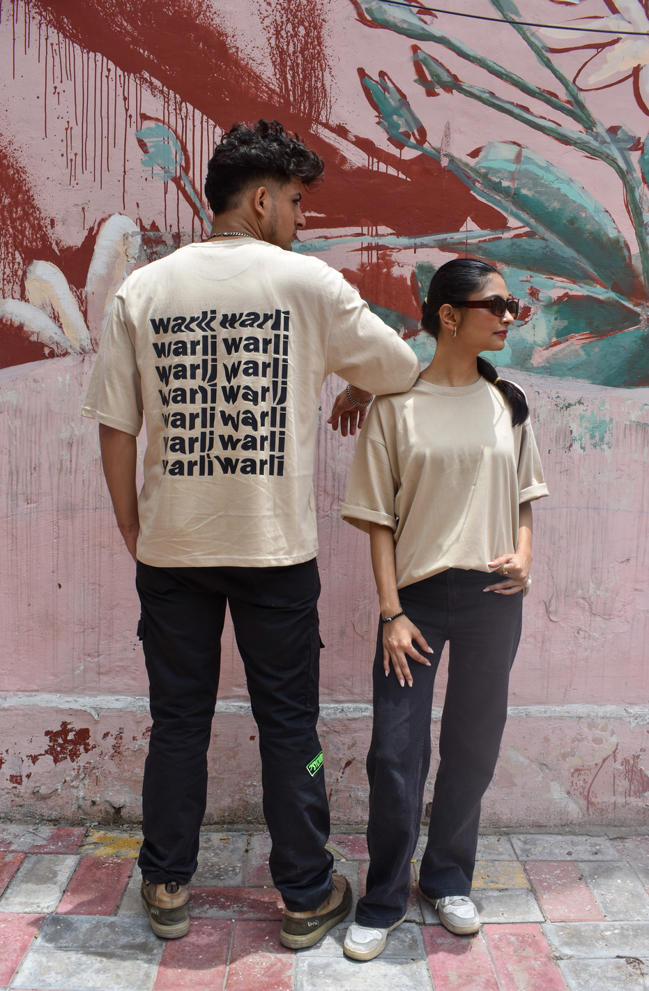 Beige Color Unisex 220 GSM Cotton Oversized T-shirt inspired from the Warli Art of Maharashtra