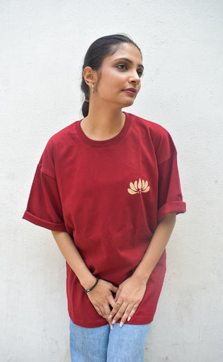 Burgundy Color Unisex 220 GSM Cotton Oversized T-shirt inspired from the Aipan Art of Uttrakhand