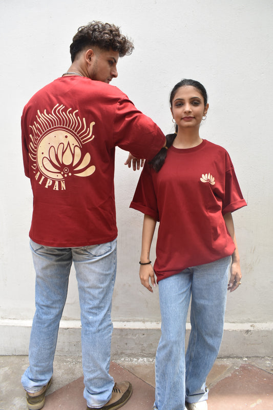 Burgundy Color Unisex 220 GSM Cotton Oversized T-shirt inspired from the Aipan Art of Uttrakhand