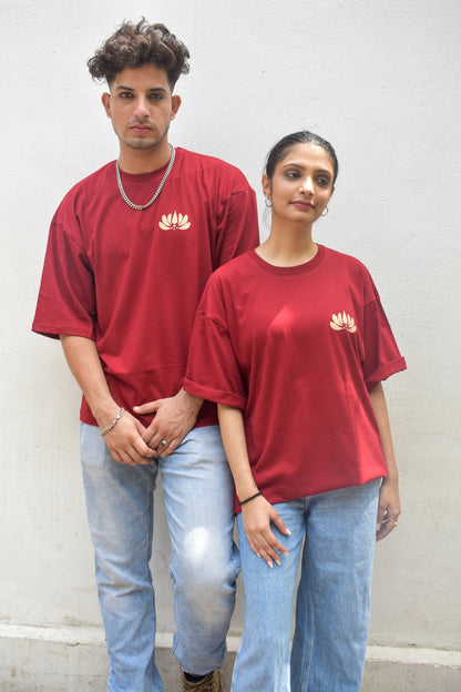 Burgundy Color Unisex 220 GSM Cotton Oversized T-shirt inspired from the Aipan Art of Uttrakhand