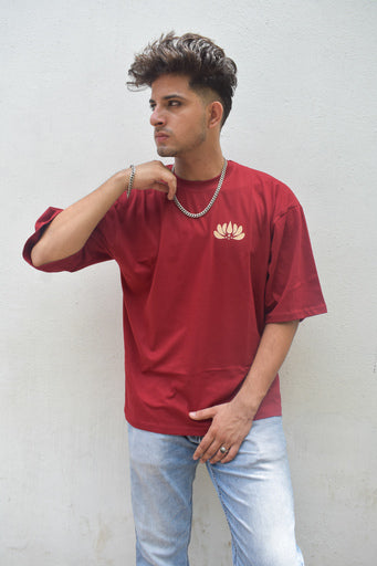 Burgundy Color Unisex 220 GSM Cotton Oversized T-shirt inspired from the Aipan Art of Uttrakhand