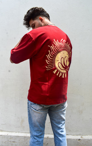 Burgundy Color Unisex 220 GSM Cotton Oversized T-shirt inspired from the Aipan Art of Uttrakhand