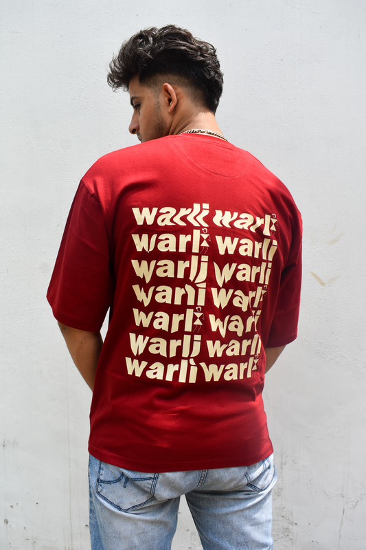 Burgundy Color Unisex 220 GSM Cotton Oversized T-shirt inspired from the Warli Art of Maharashtra
