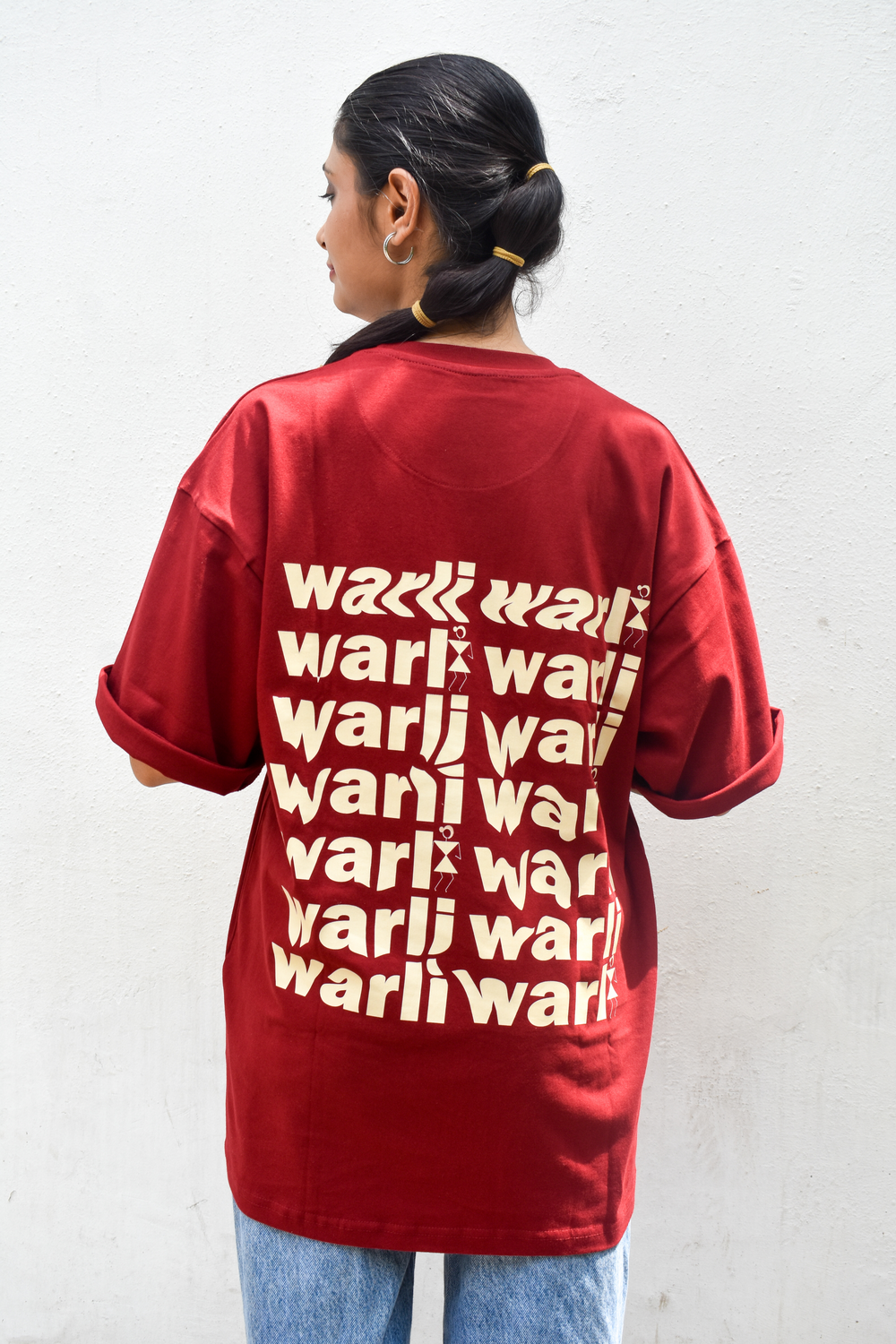 Burgundy Color Unisex 220 GSM Cotton Oversized T-shirt inspired from the Warli Art of Maharashtra