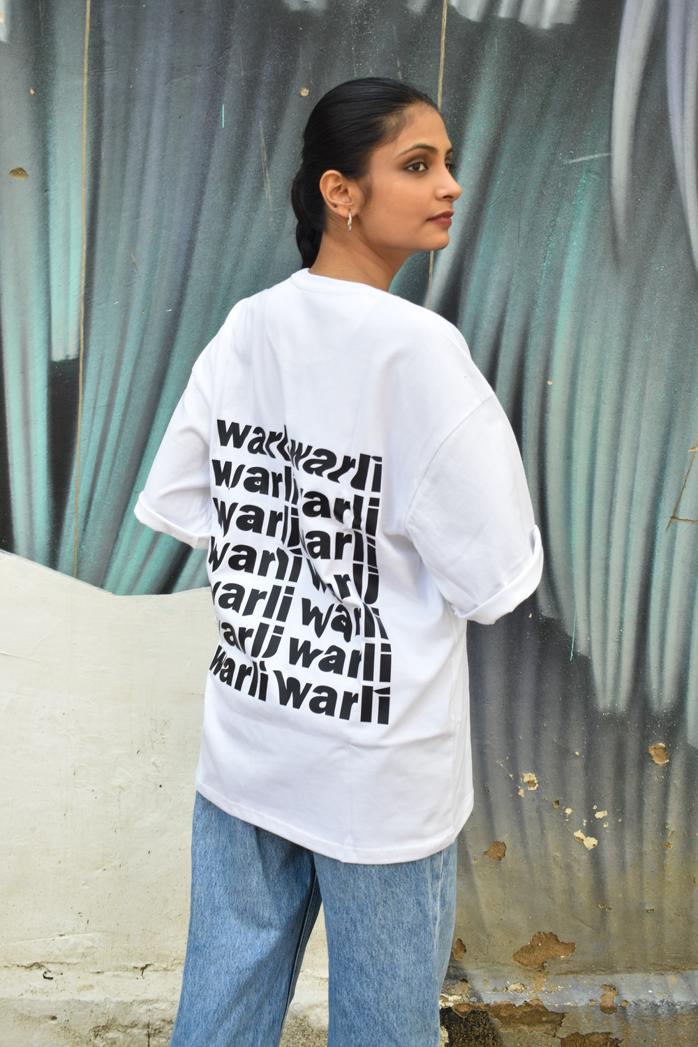 White Color Unisex 220 GSM Cotton Oversized T-shirt inspired from the Warli Art of Maharashtra