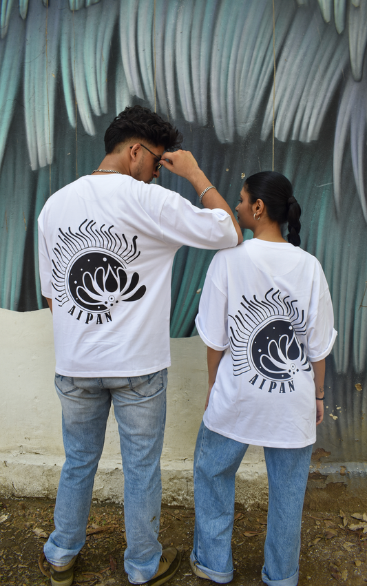White Color Unisex 220 GSM Oversized cotton T-shirt inspired from the Aipan Art of Uttrakhand