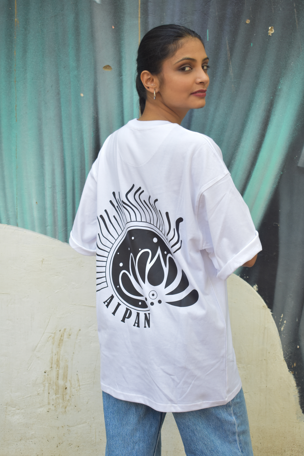 White Color Unisex 220 GSM Oversized cotton T-shirt inspired from the Aipan Art of Uttrakhand