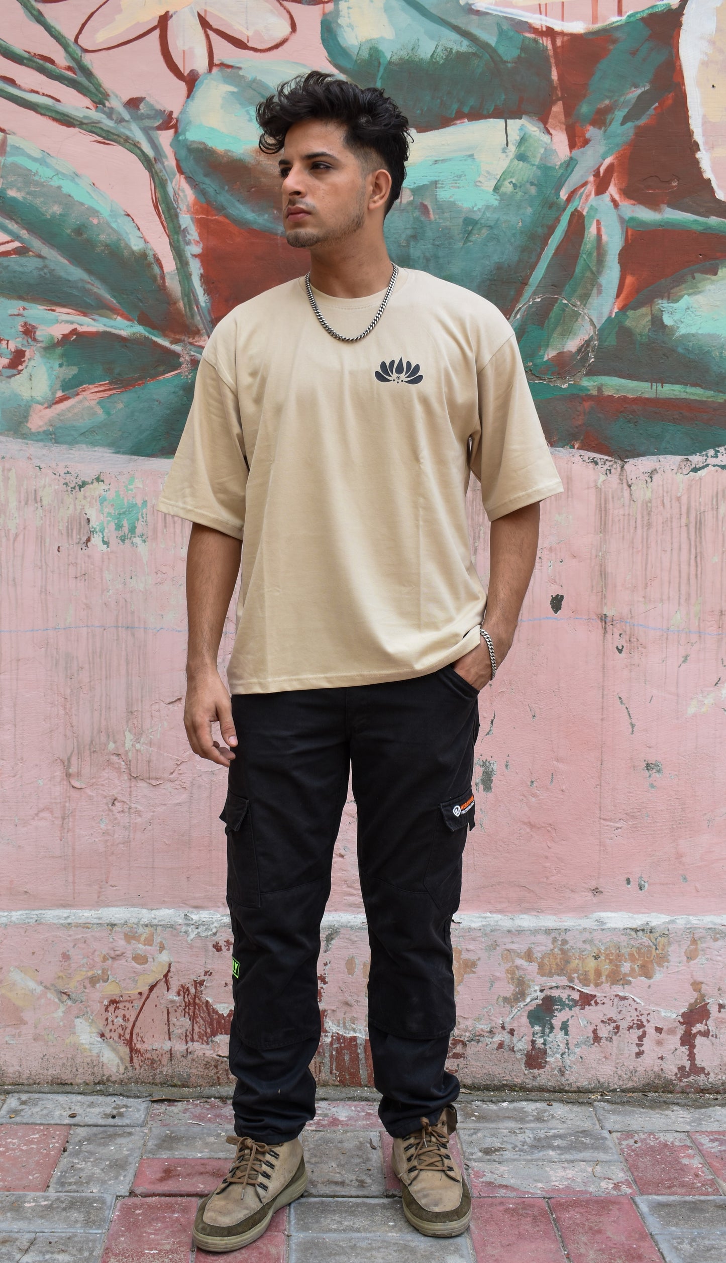 Beige Color 220 GSM Cotton Oversized T-shirt inspired from the Aipan Art of Uttrakhand