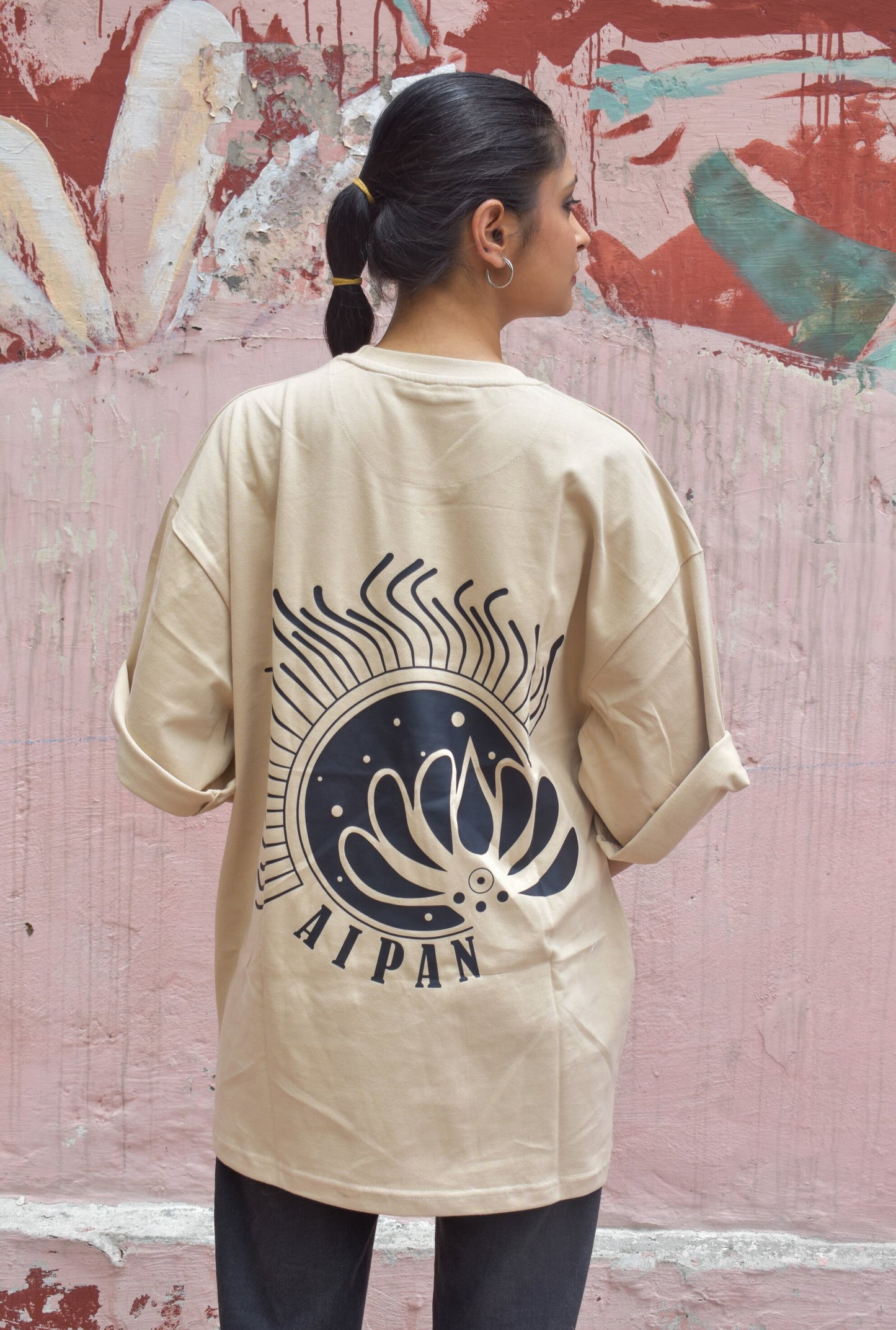 Beige Color 220 GSM Cotton Oversized T-shirt inspired from the Aipan Art of Uttrakhand