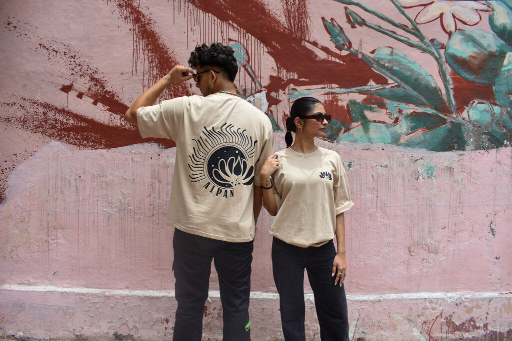 Beige Color 220 GSM Cotton Oversized T-shirt inspired from the Aipan Art of Uttrakhand